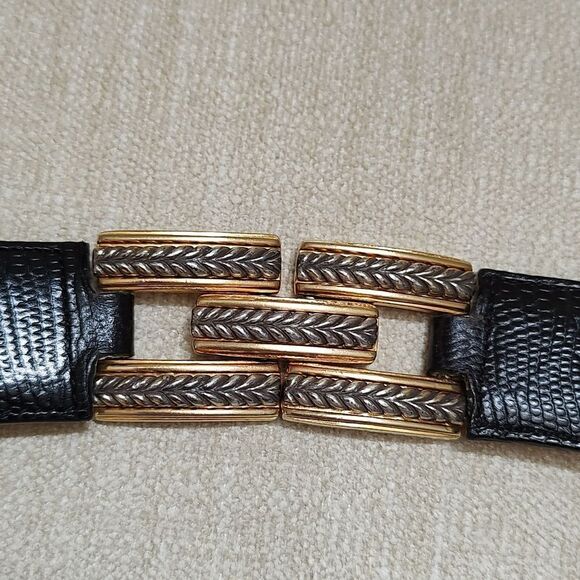 Brighton Black Snake Embossed Leather Belt Gold & Silver Buckle Loop & Links - Picture 8 of 11